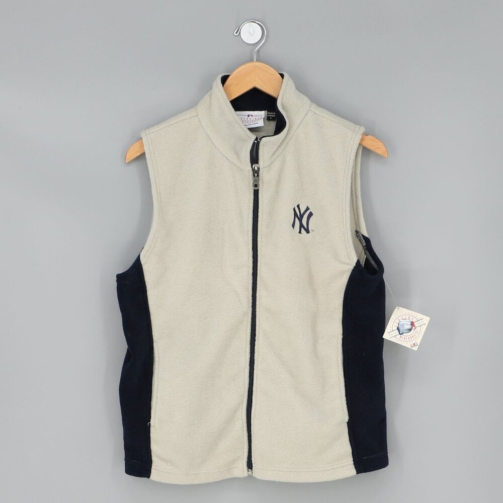 NWT VINTAGE MLB NEW YORK YANKEES Women's Classic Fleece Vest in Tan/Navy Size L